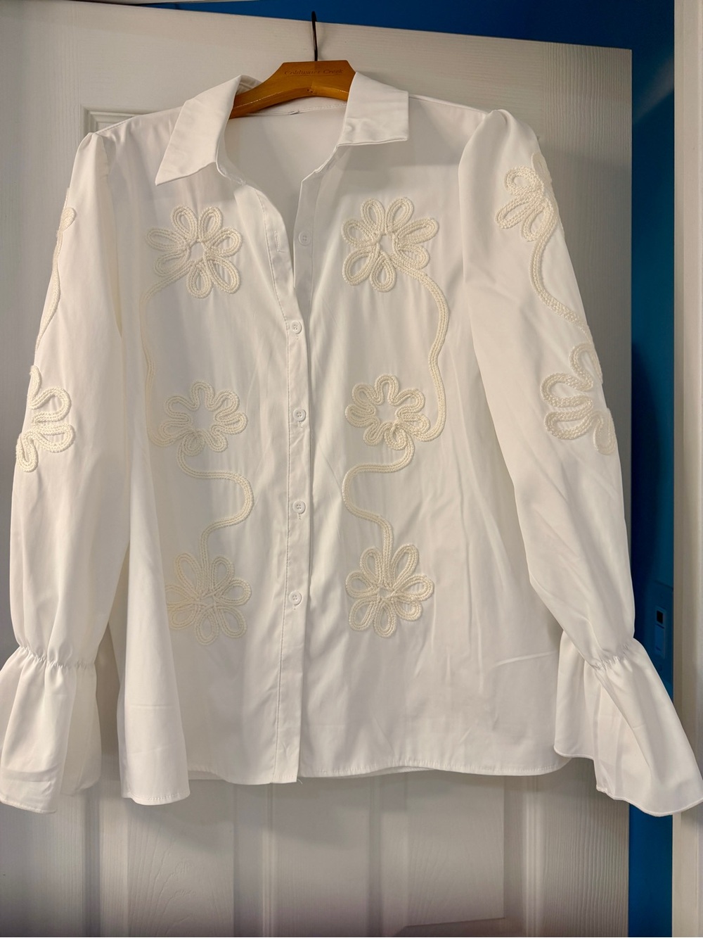 White Button-Front Blouse with Floral Embroidery